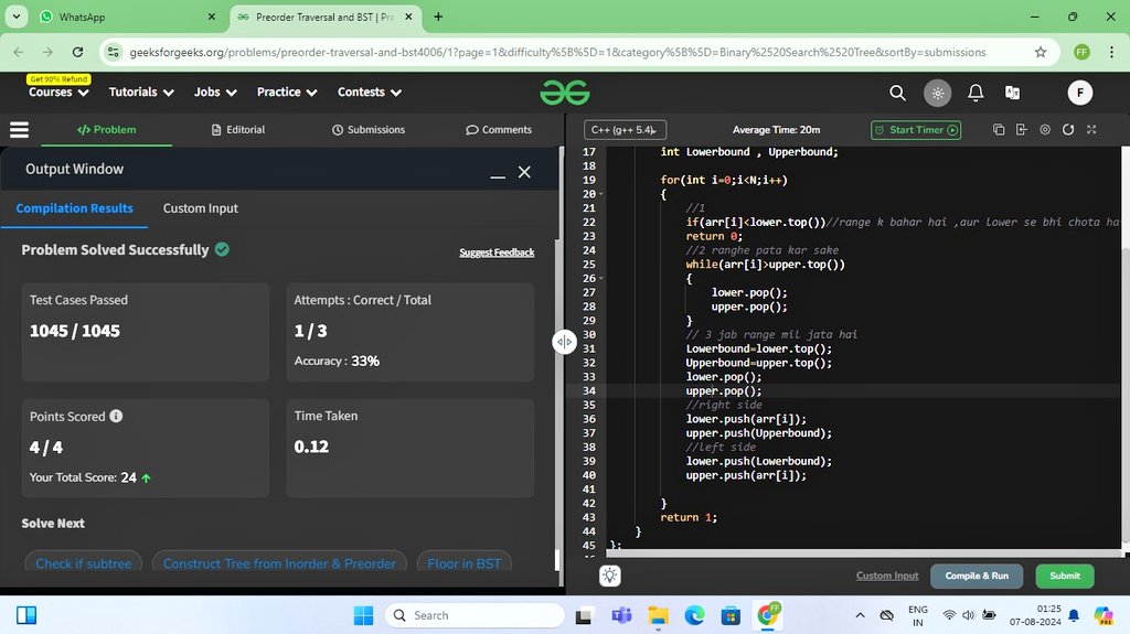Samir_kumar19's tweet photo. Day 3 of my 90-day coding challenge! Today, I tackled Preorder traversal in BST with different approaches and solved two recursion problems: summing all elements in an array and finding the minimum element. #100daysCodeChallenge #geeksforgeeks #DataStrucutures https://t.co/WxxK31NhCb