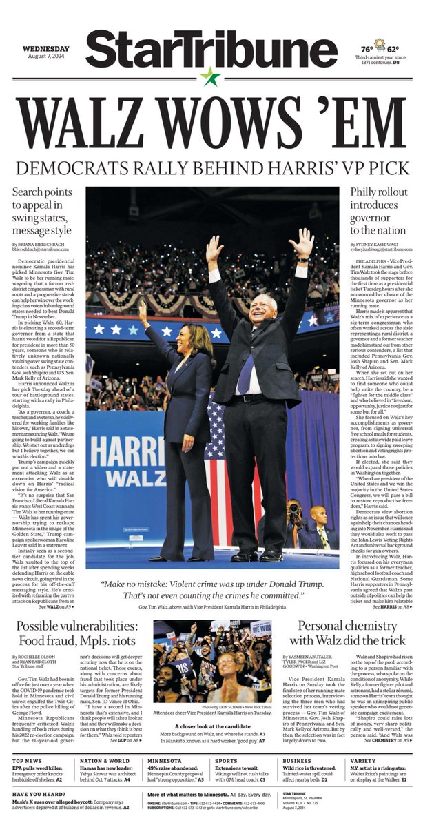 Tomorrow’s front page tonight. 
An early look at Wednesday’s <a href="/StarTribune/">The Minnesota Star Tribune</a>.