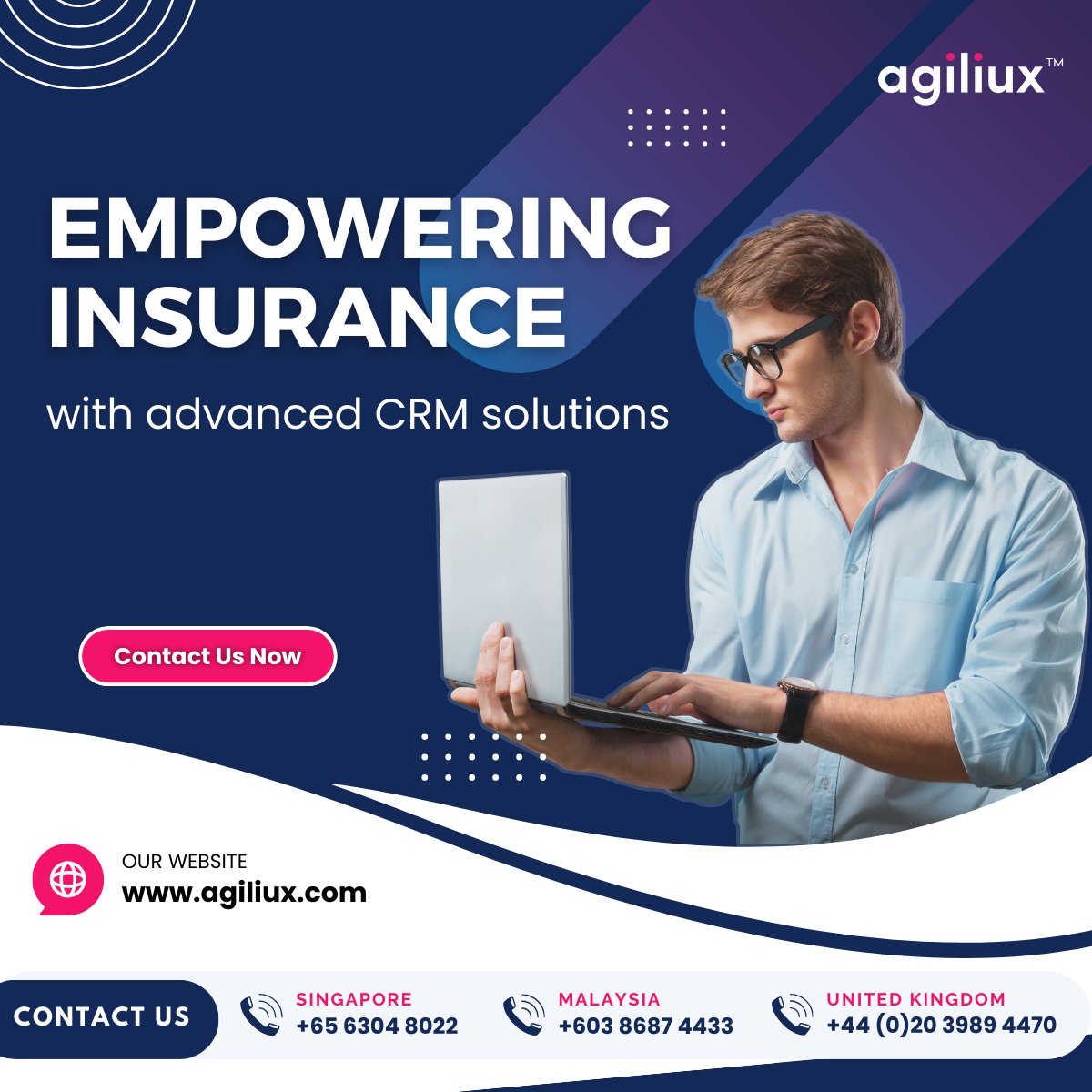 #Agiliux provides comprehensive #insuranceCRM to boost distribution efficiency &amp; #clientsatisfaction for #InsuranceCompanies, brokers, and agencies. It's your all-in-one destination for insurance needs. For Details: agiliux.com/contact-us
#agiliuxcloudinsurance #brokerinsurance