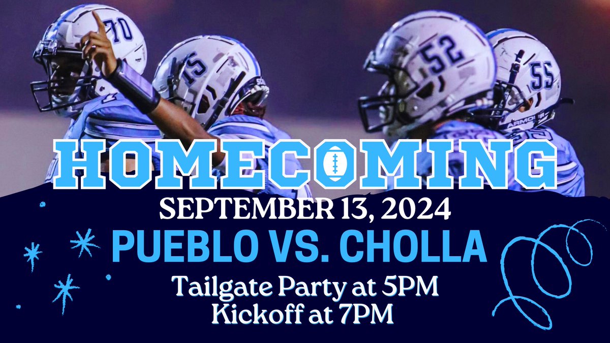 PuebloAthletics's tweet photo. #SaveTheDate for Homecoming Night on September 13, 2024! Tailgate Party starts at 5PM. @PuebloFootball will kick-off at 7PM against Cholla. Dance after game. #WarriorBlock ๐
ฟ๏ธ https://t.co/6rL9J4IY4G