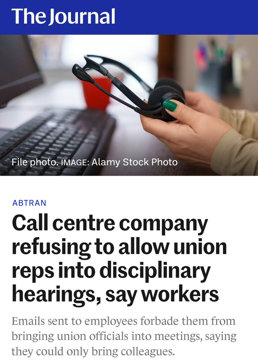 caulmick's tweet photo. Call centre company refusing to allow union reps into disciplinary hearings, say workers
Emails sent to employees forbade them from bringing union officials into meetings, saying they could only bring colleagues.
#Abtran #HowIrelandWorks
https://t.co/L8QhfykYde https://t.co/hP6oVLbGh6
