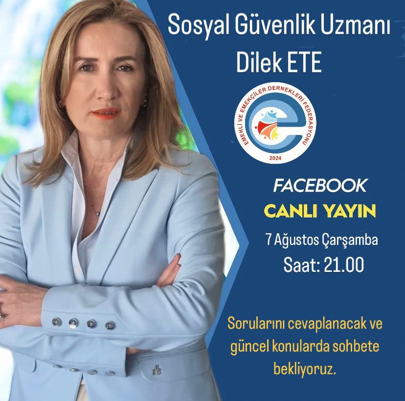Emedizmir35's tweet photo. İzmir Emekli ve Emekçiler Derneği Başkanımız Sn.Dilek ETE 7.Ağustos.2024 Çarşamba (bugün)saat:21:00 da Facebook canlı yayınında sorularınızı yanıtlayarak güncel konulara değinecekler…
@dileketesgk @EmedFederasyonu 
@ekremacikel 
@yaprakduygu2 
@YucakGurca5356 
@s_ozer1981 https://t.co/wqGCf1QjmR