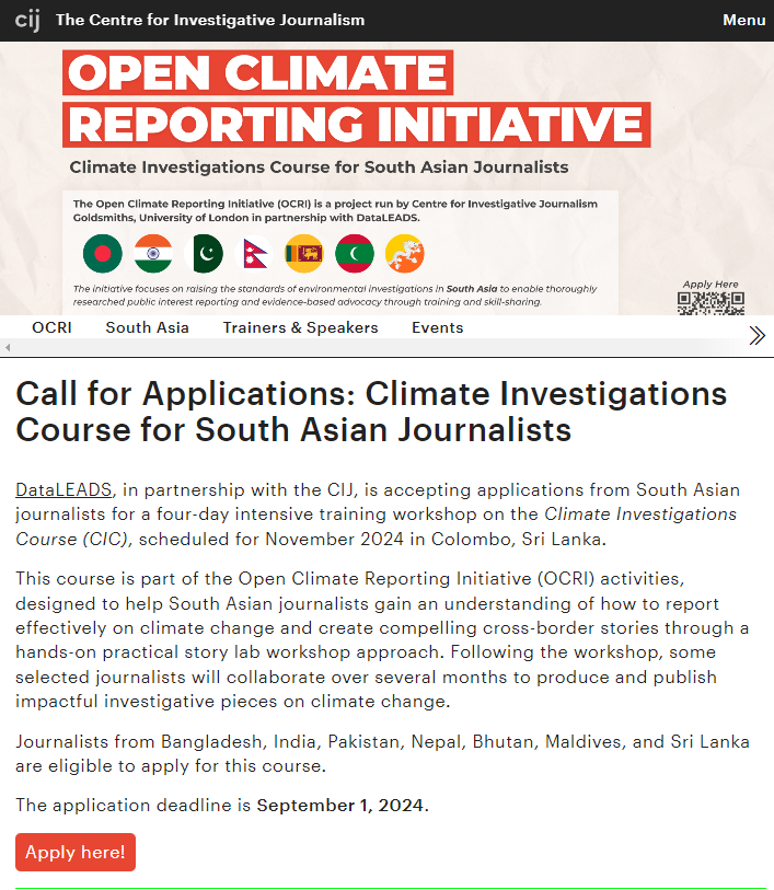CDJNorg's tweet photo. 🚨ATTN 🇳🇵Journos !🚨

Want to learn about climate investigations &amp; collaborate on cross-border stories in #SouthAsia?

Apply for Climate Investigations Course by @data_LEADS  &amp; @cijournalism, to be held in Colombo, Sri Lanka.

👉https://t.co/18RhZgd6MG

🗓️Deadline: Sept 1, 2024 https://t.co/csUxjNBgmb