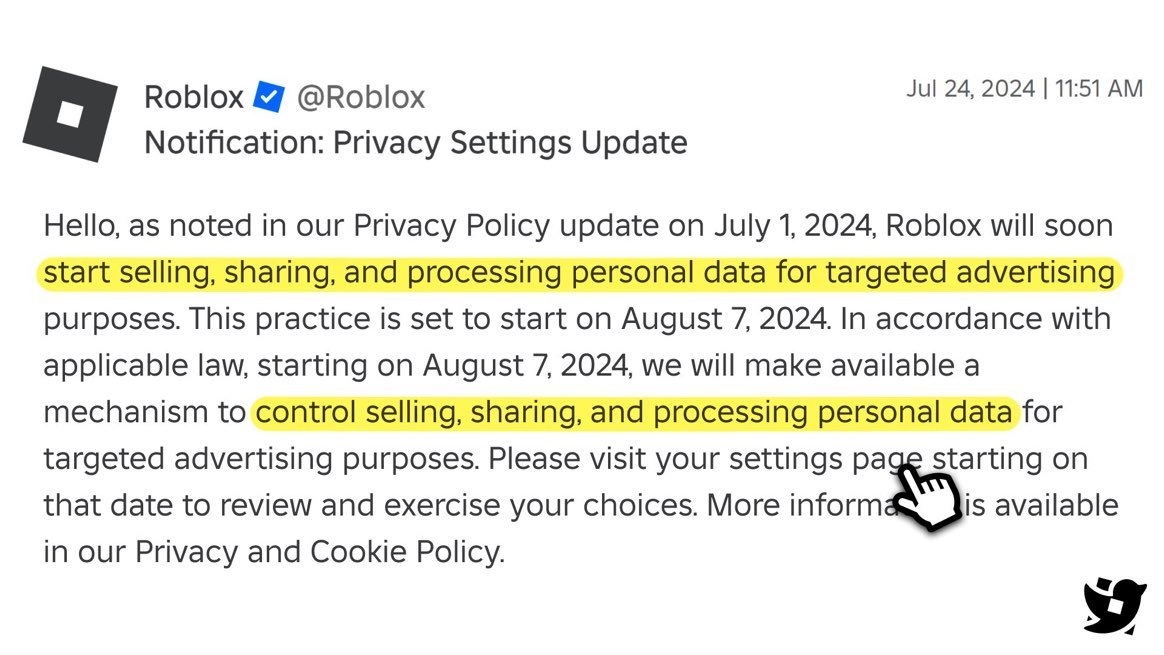 Roblox_RTC's tweet image. Starting today, Roblox will sell, share, and process your personal data to advertisers. You can control how your data is processed in settings.