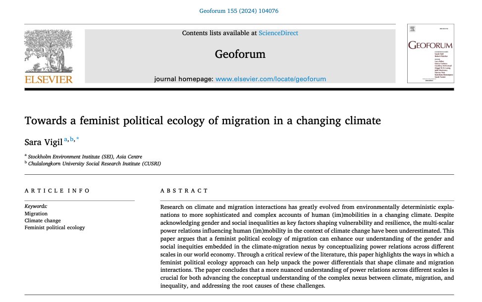 Sara Vigil (@saravigil_) on Twitter photo Happy to share my new paper, "Towards a Feminist Political Ecology of Migration in a Changing Climate"
Open Access in Geoforum: sciencedirect.com/science/articl…
<a href="/HABITABLE_H2020/">The HABITABLE Project</a> <a href="/SEIresearch/">SEI Research</a> #ClimateChange #Migration #FeministPoliticalEcology Happy to share my new paper, "Towards a Feminist Political Ecology of Migration in a Changing Climate"
Open Access in Geoforum: sciencedirect.com/science/articl…
<a href="/HABITABLE_H2020/">The HABITABLE Project</a> <a href="/SEIresearch/">SEI Research</a> #ClimateChange #Migration #FeministPoliticalEcology