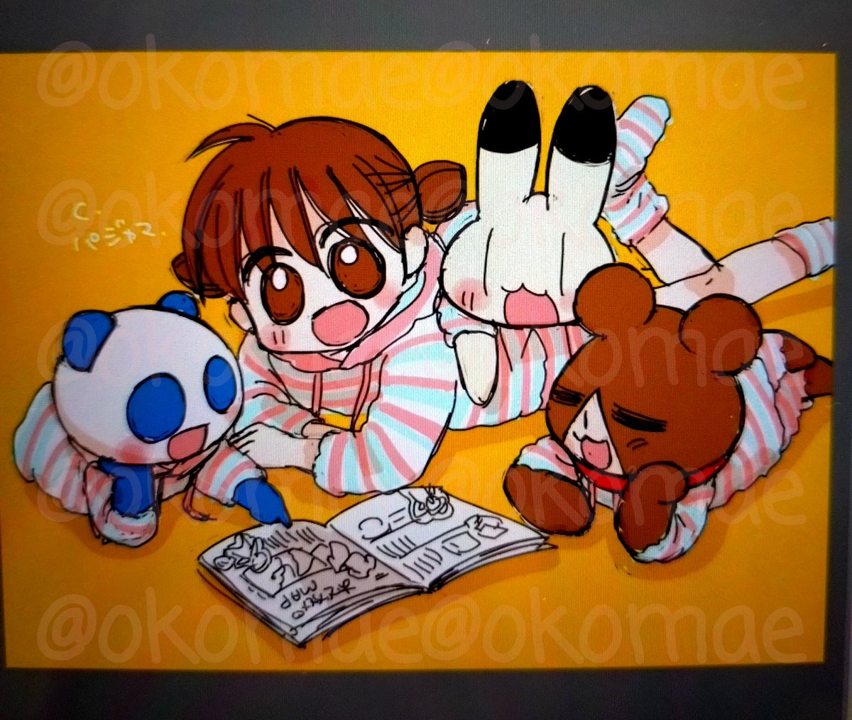 「ガルフェスで販売される生プリ絵はこちら。←ラフ     完成→もっと小物散らした」|前川涼✨アニ横23巻4月🙇のイラスト