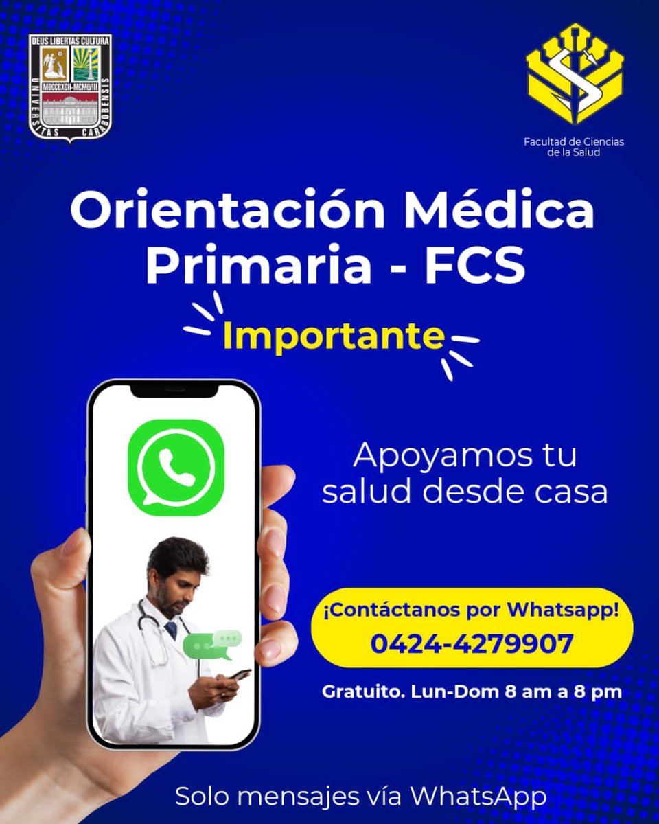 FCS_UC's tweet photo. Activa la línea de Orientación Médica Primaria de la @FCS_UC

Escribe al WhatsApp 0424-4279907, sigue las instrucciones y pronto serás atendido #ServicioGratuito, disponible de lunes a domingo de 8am a 8pm

@UCarabobo
@TiempoUC
@FacIngenieriaUC
@facesuc1
@FaCE_UC
@facytuc_oficial https://t.co/9EnCX2GZeS