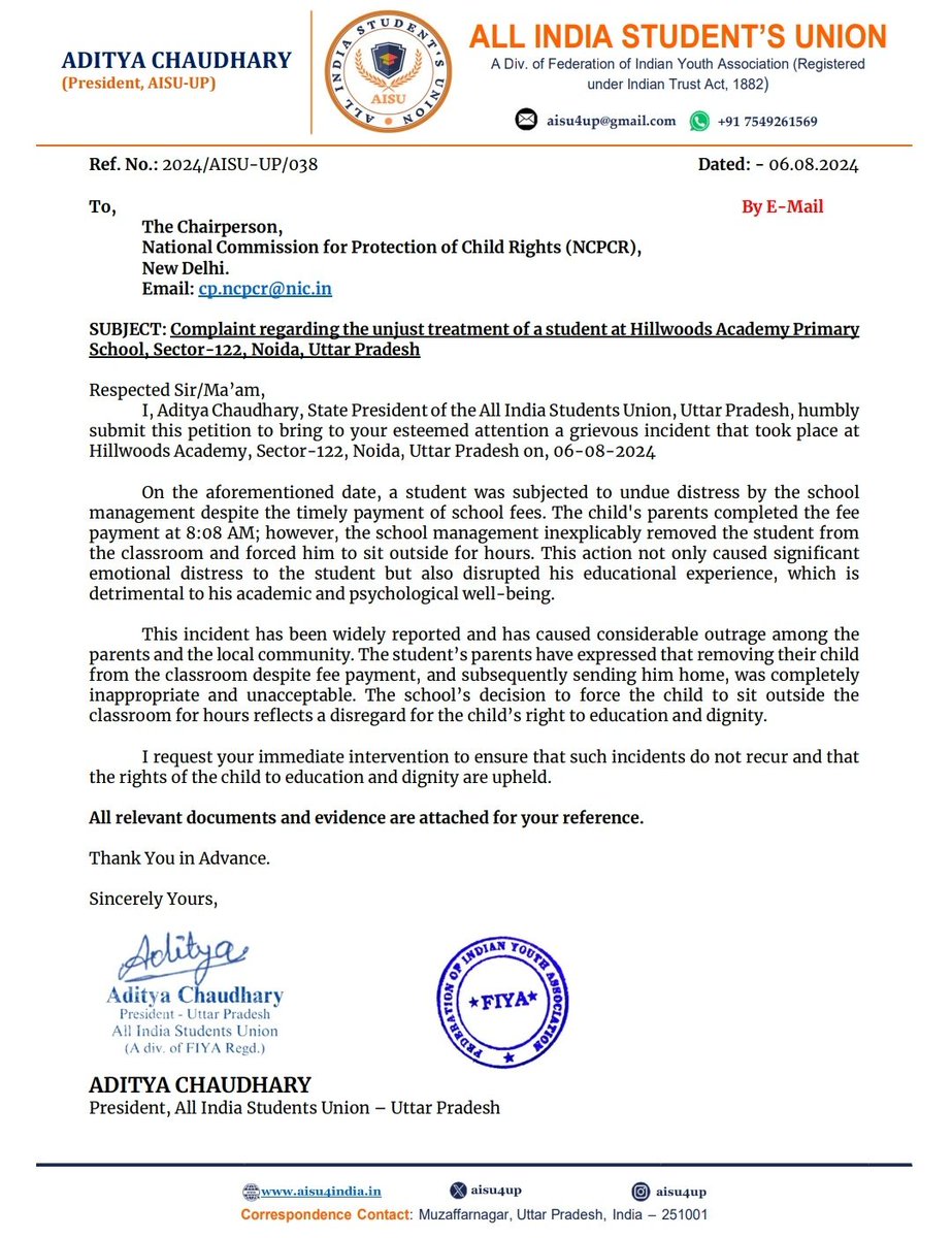 AISU4UP's tweet photo. Complaint regarding the unjust treatment of a student at Hillwoods Academy Primary School, Sector-122, Noida, Uttar Pradesh
@NCPCR_ @Official_AISU @dmgbnagar https://t.co/hypaEr6BVj