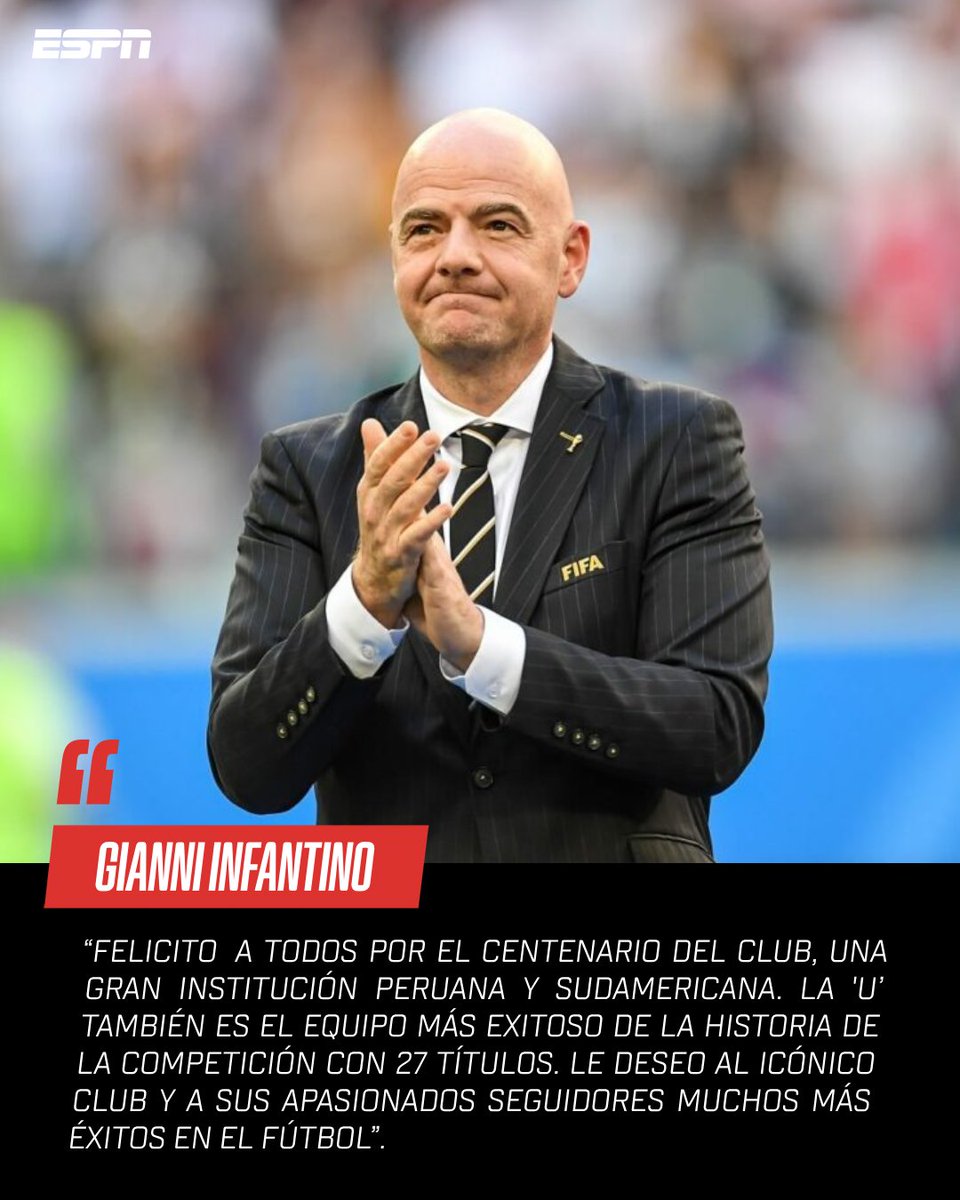 ESPNPeru's tweet photo. Gianni Infantino, presidente de la FIFA, le dedicó unas palabras a Universitario en su Centenario. 🟡 https://t.co/p7vRtBlIQs