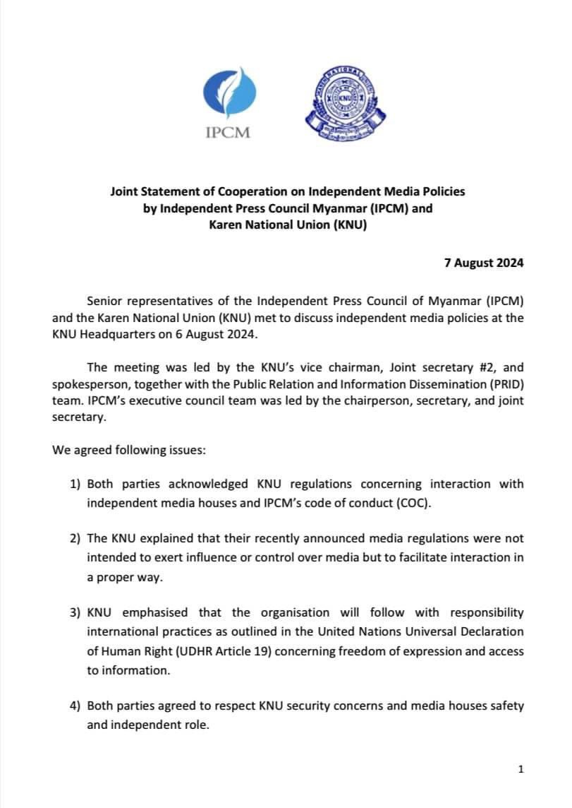 NimrodAndrew's tweet photo. #KNU and #IPCM met on Aug 8 and released the following statement: Congratulations, I am pleased to hear that we have agreed to collaborate on finding solutions and advancing towards a stronger, broader partnership, along with increased media coverage in KNU administrative areas. https://t.co/8yF7rasSFM