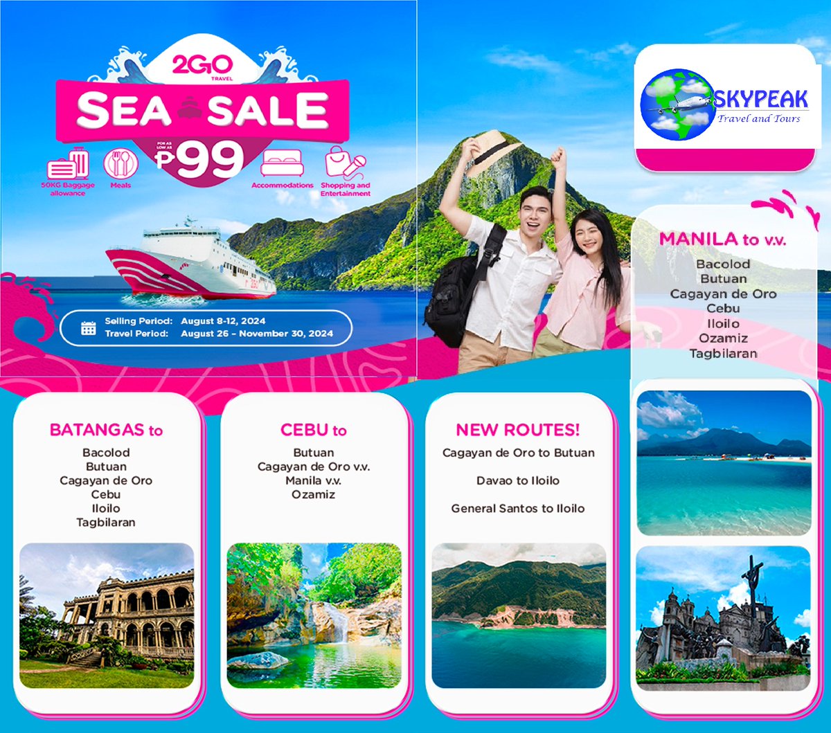 sky_peak's tweet image. #Where2GO @2go_travel #Ready2GO Sa mga nagpapahiwatig na gustong mag-barko pauwi ngayong 2024, eto na ang sign mo! Travel for as low as ₱99 from Aug 8-12, 2024 &amp;amp; travel from Aug 26-Nov 30, 2024 Book now via #Skypeak facebook.com/skypeaktravela…