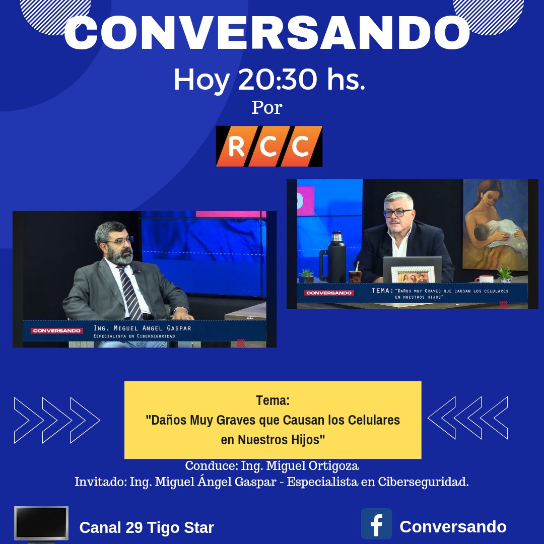 FenapepParaguay's tweet image. Programa Imperdible de Conversando.

👉 &quot;Daños Muy Graves que Causan los Celulares en Nuestros Hijos&quot;

🕣 Hoy 20:30 hs. 

Canal 29 Tigo Star/Transmisión vía Facebook: Conversando.

📍 Conduce: Ing. Miguel Ortigoza.