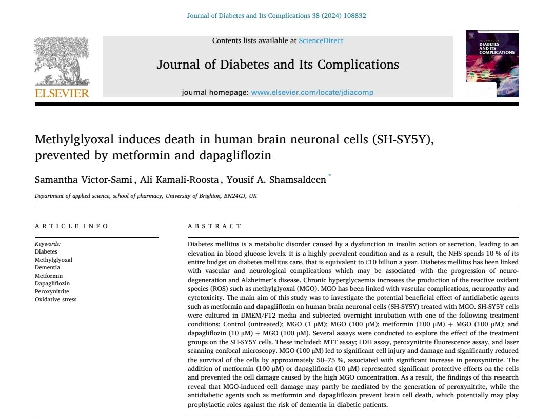 لله الحمد والشكر نشرنا مع طلبتي في جامعة برايتون <a href="/uniofbrighton/">University of Brighton</a> 
👩‍🎓سامانثا فيكتور-سامي
👨‍🎓علي كمالي-روستا
📃دراسة ممولة من الجمعية البريطانية لأبحاث الزهايمر
<a href="/AlzResearchUK/">Alzheimer's Research UK</a> 
📃تعرفنا فيها على قدرة بعض أدوية السكري على حماية خلايا الدماغ العصبية من التلف
sciencedirect.com/science/articl…
7️⃣