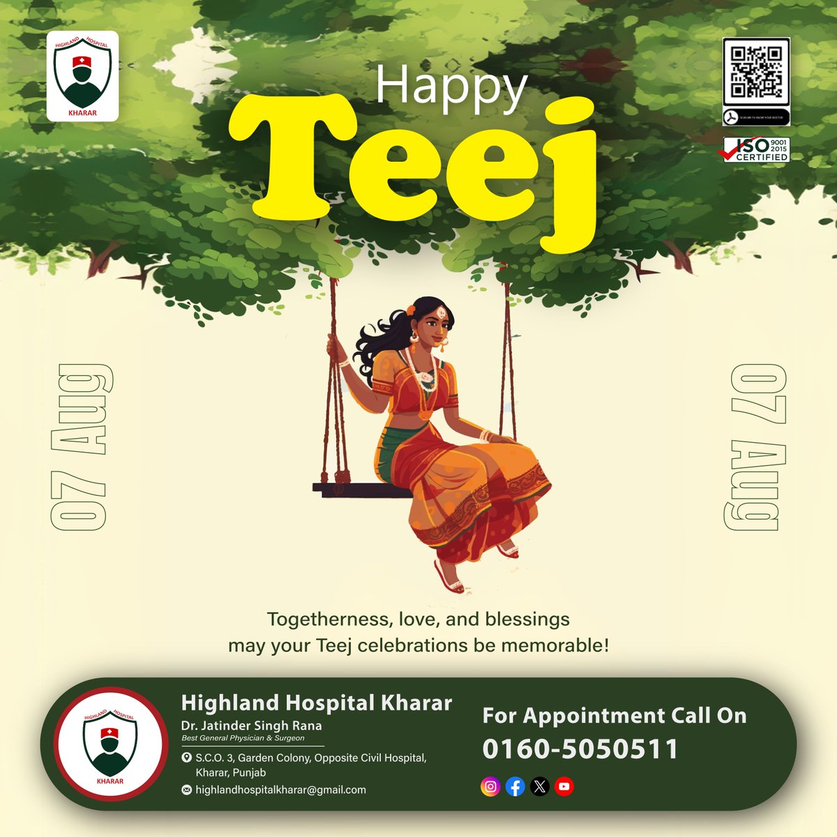 HighlandKharar's tweet photo. Celebrating the Monsoon Magic! 🌧️ Highland Hospital wishes you a vibrant and joy-filled #HappyTeej! 🌸 Swing into health, happiness, and blessings this festive season.

#HappyTeej #Monsoon #SwingIntoJoy #GreeneryVibes #HennaArt #TeejCelebration #HighlandHospital #drjatindersingh https://t.co/7byQW9cUBO