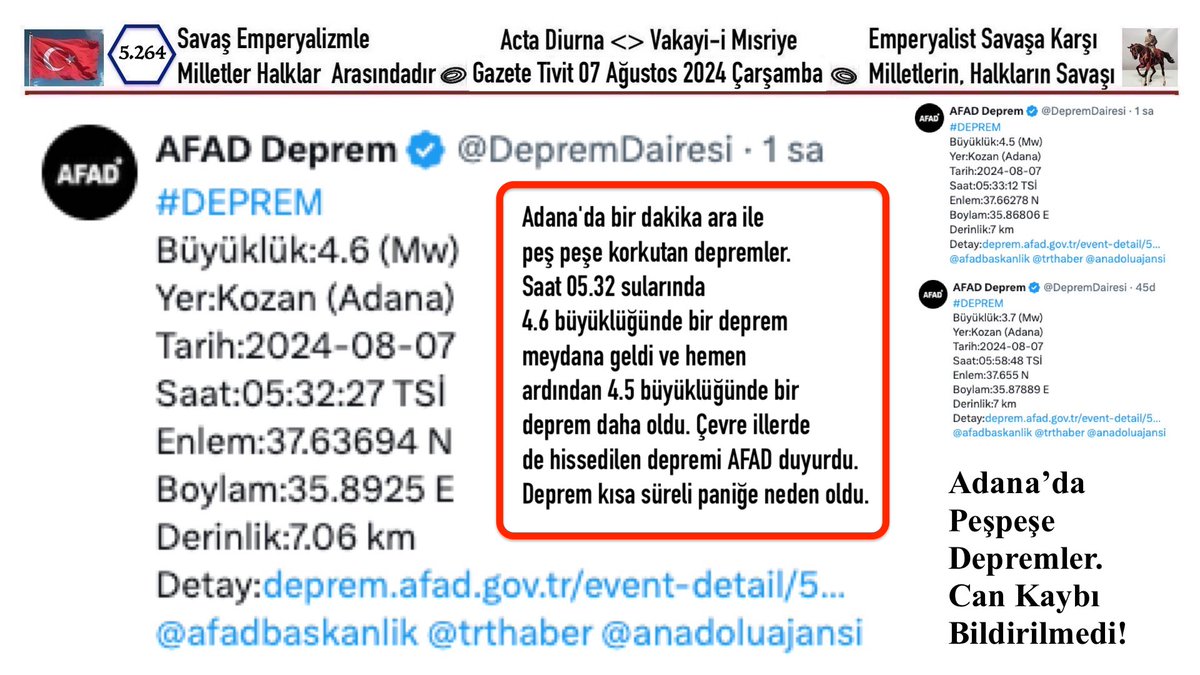 Gazete_Tivit's tweet photo. 07.08.2024_5.264
#Gazete_Tivit #Gazte
#Sondakika #Haber
Adana’da
Ardarda Depremler.
Can Kaybı Bildirilmedi!
#Deprem #Türkiye #Adana #Earthquake https://t.co/vG82FUZqvA