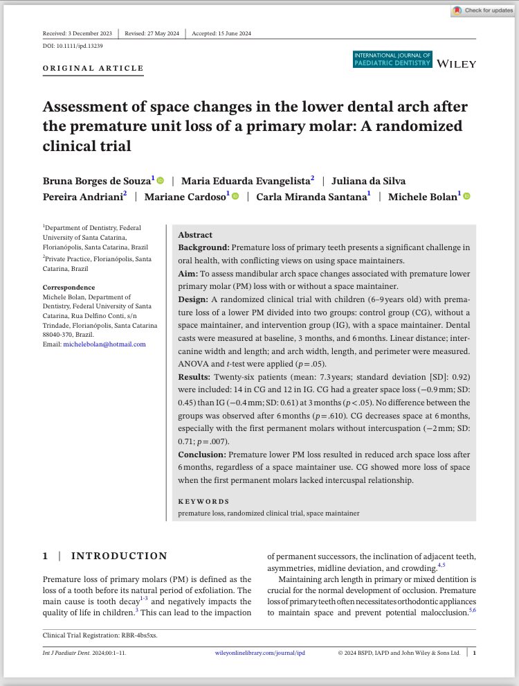 putriganesha's tweet photo. No space loss differences were found between those with and without space maintainers 6mo post exo. Considerations on case selection and thorough arch discrepancy analysis before space maintainers. https://t.co/NxdAXRhVjT