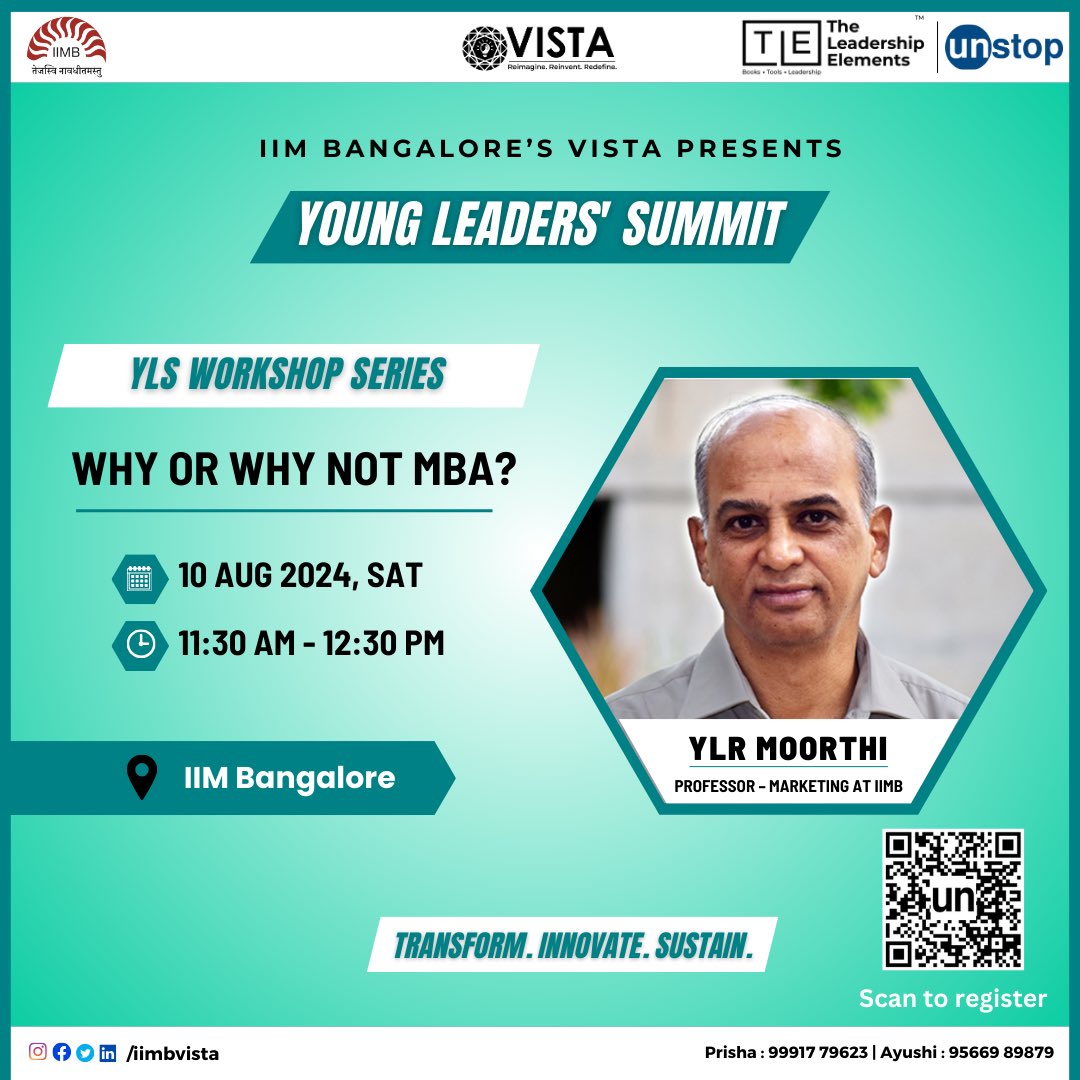 Dive into the world of leadership at the Young Leaders Summit (YLS) during Vista 2024! 🎓

Join us for an insightful workshop, "Why or Why Not MBA?", led by Professor YLS Murthi, a distinguished Marketing professor at IIMB.

#Vista2024 #YoungLeadersSummit #YLS #IIMB #Leadership