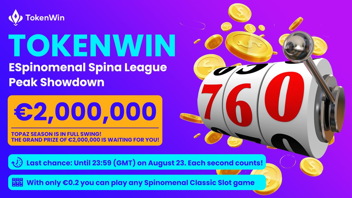 🚀 “Topaz Season’s Ultimate Challenge” is in full swing. The grand prize of €2,000,000 is yours to win! 🎉

👉 Don’t wait any longer! The deadline is at 23:59 (GMT) on August 23.
🎰 With only €0.2 you can play any Spinomenal Classic Slot game 

💥It's time to show off your real