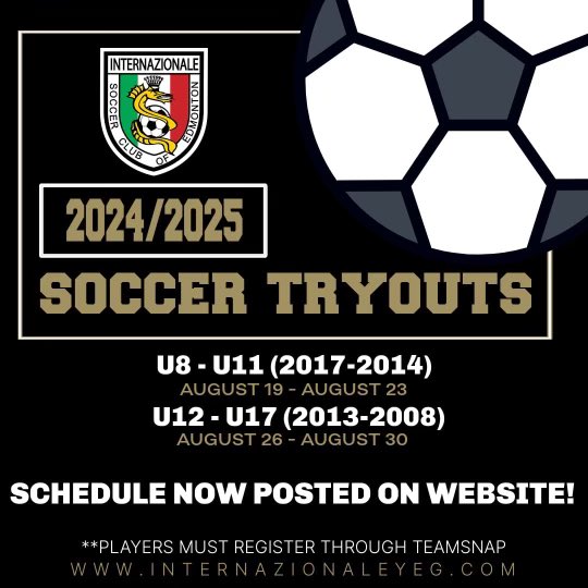 🚨 REGISTRATION for TRYOUTS is officially OPEN! 
All athletes MUST register online to participate in our tryouts by going to our website: 👇🏻👇🏻👇🏻
INTERNAZIONALEYEG.COM
Looking forward to seeing your skills on the pitch! 
#yegsoccer #yegsoccerclub #internazionale #webleedblue