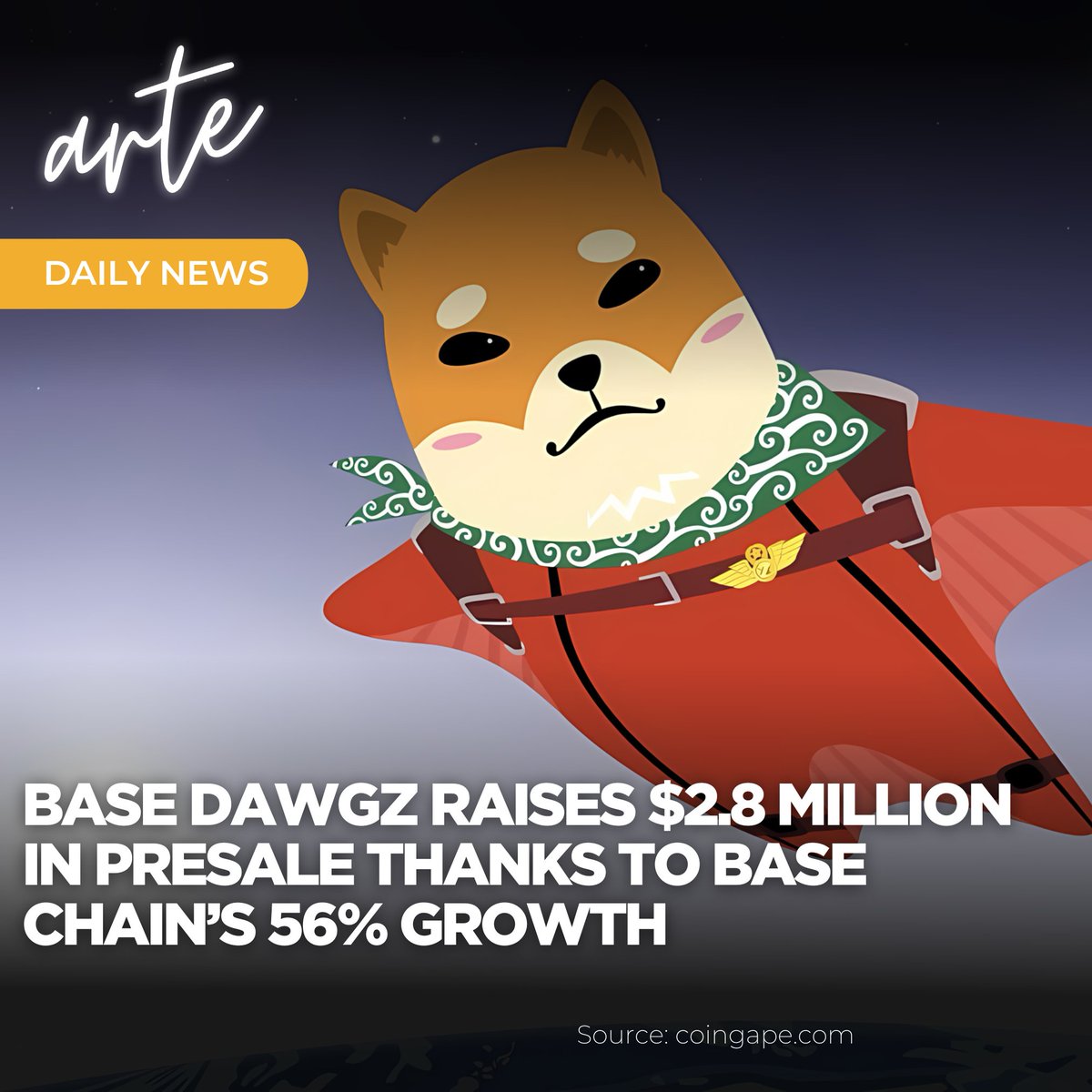 📢 arte Daily News

<a href="/BaseDawgz/">Base Dawgz</a> Raises $2.8 Million in Presale Thanks to Base Chain’s 56% Growth.

Base Dawgz raised $2.8M in presale, surged 60.5%, and offers 974% APY staking return on Base network.

tinyurl.com/aupjh3er

<a href="/CoinGapeMedia/">CoinGape</a>