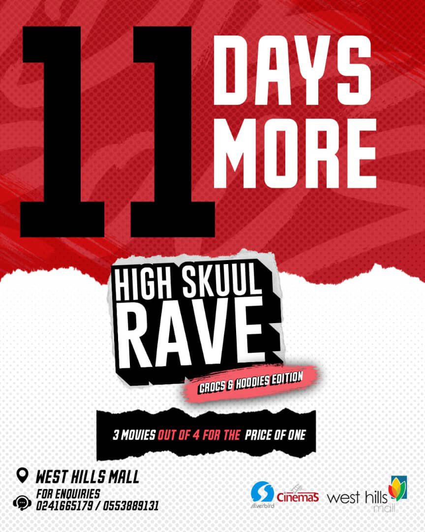 itz_dela1's tweet photo. Count Down With Us.
High Skuul Rave 
Biggest Teens Movie Festival 
#17August 
Grab your tickets now!!!!🥳🥳🥳🥳🥳🥳🥳🥳0561035102
#HighSchoolRave #Silverbirdgh 
#Crocsandhoodiesedition https://t.co/DTfjYpk0cY
