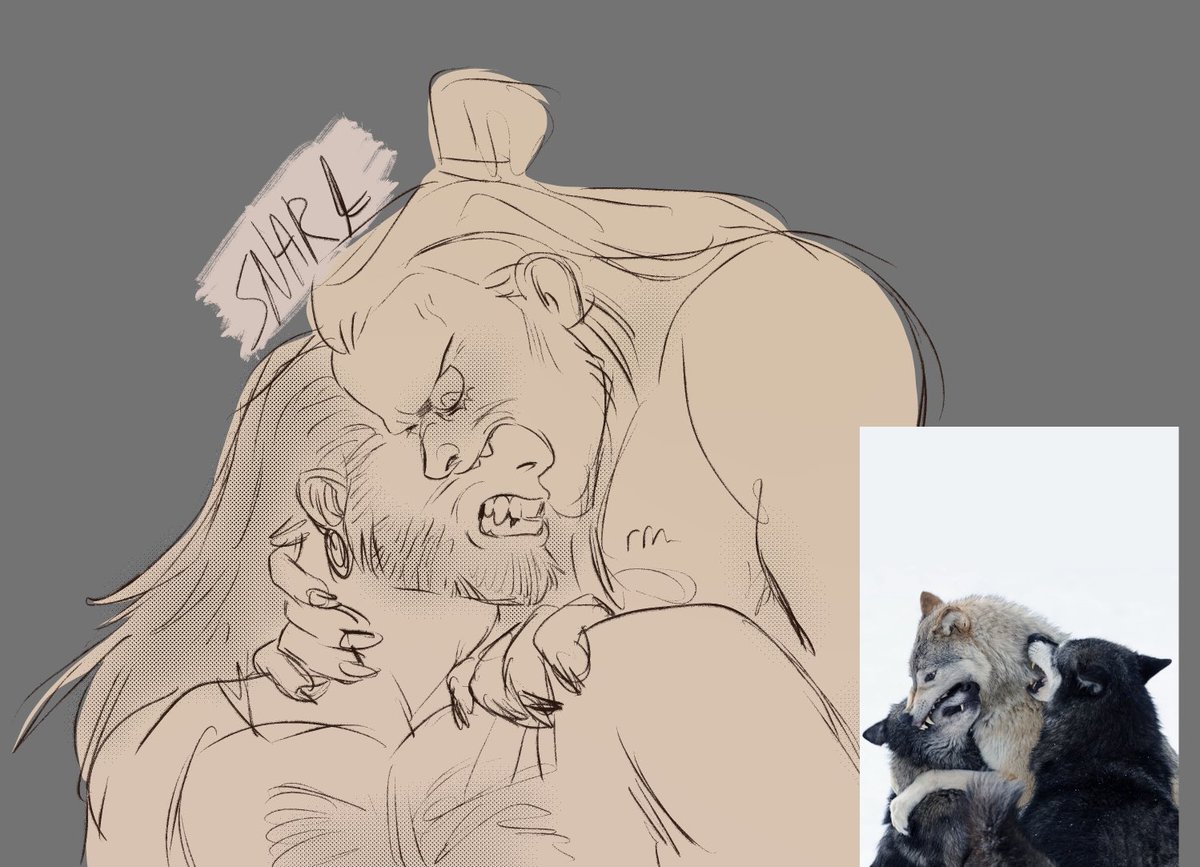 BoxerDandy's tweet photo. Barbarian sketching..
The sons of Fenris were raised by wolves (literally), biting is their love language. https://t.co/sTCKIdO0CH