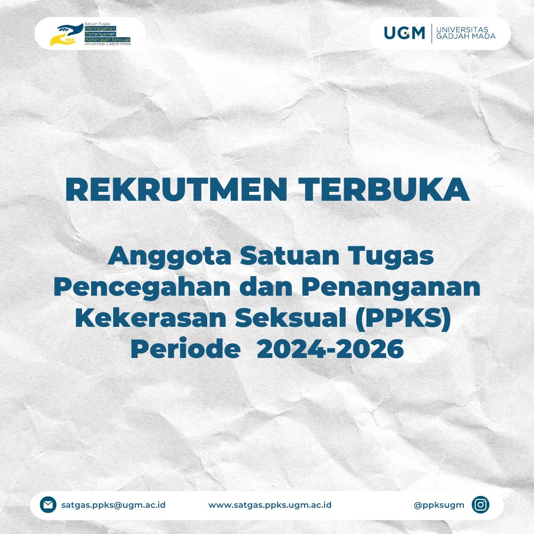 ppksugm's tweet photo. Halo, Kawan Satgas! 

Sebagai komitmen konsisten Universitas Gadjah Mada untuk mewujudkan kampus yang aman dari kekerasan seksual dan implementasi Permendikbud Nomor 30 Tahun 2021 dan Peraturan Rektor UGM Nomor 1 Tahun 2023 https://t.co/KwJC26y559