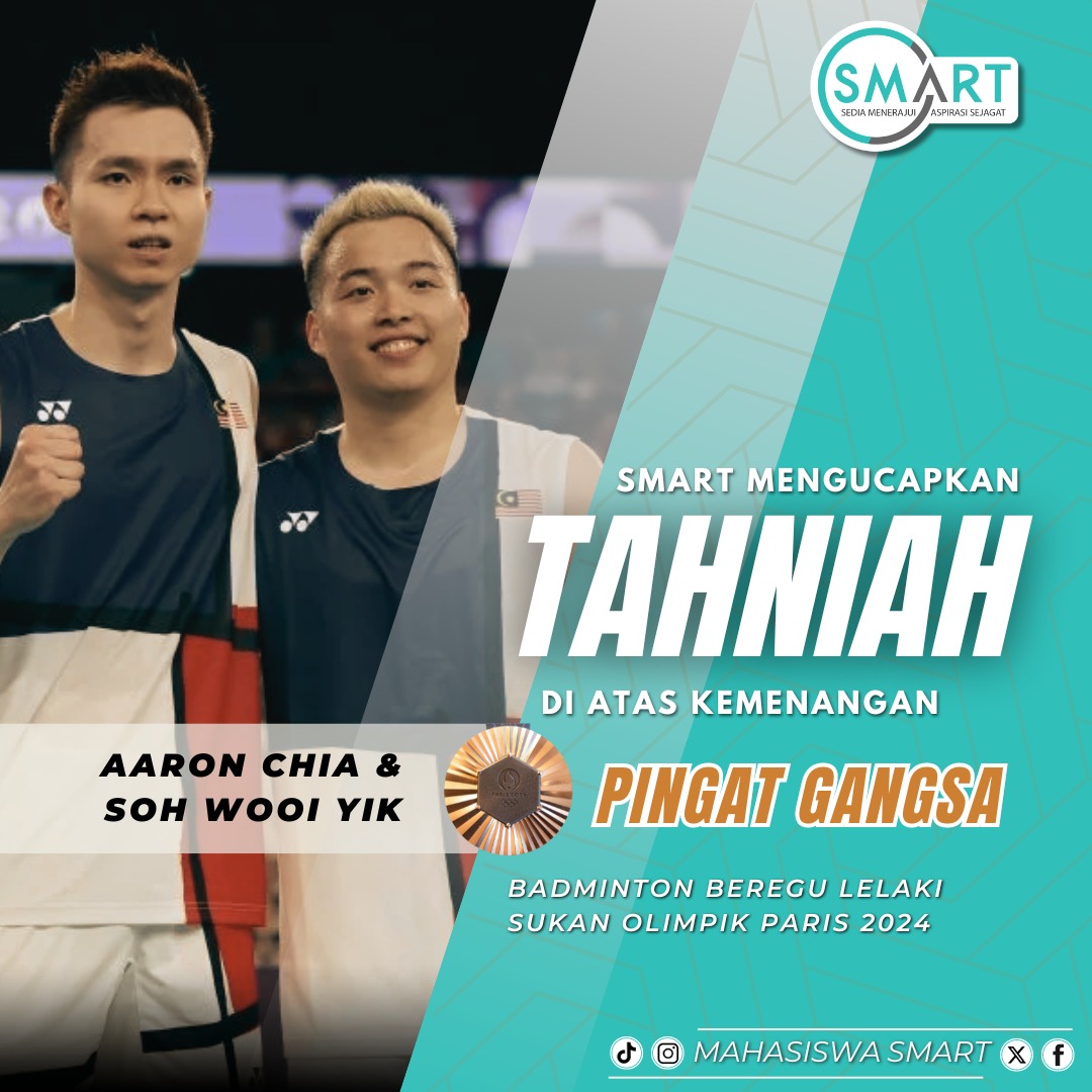 MahasiswaSmart_'s tweet photo. TERIMA KASIH ATAS PINGAT GANGSA UNTUK MALAYSIA 

SMART mengucapkan setinggi-tinggi tahniah dan syabas kepada Pemain Beregu Lelaki Badminton Aaron Chia dan Soh Wooi Yik, dan Pemain Perseorangan Lelaki, Lee Zii Jia kerana telah merangkul pingat gangsa dalam Olimpik Paris 2024. https://t.co/XD5havm6Mp