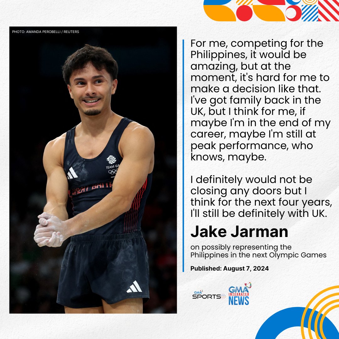 gmasportsph's tweet photo. When asked if he is willing to don the Philippine colors, Filipino-British gymnast Jake Jarman said it would be 'amazing,' but at least for the next Olympic cycle, he will stick with Team GB.

Follow #GMASports for more #Paris2024 updates. https://t.co/CJ0Czr7apG