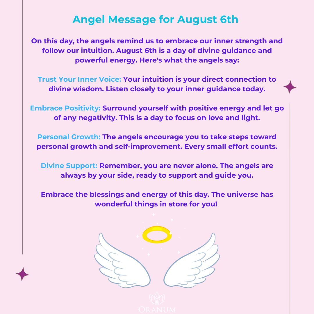 OranumGlobal's tweet image. Embrace the blessings and energy of this day. The universe has wonderful things in store for you! 🌟✨

#AngelMessage #August6 #DivineGuidance #SpiritualGrowth #PositiveEnergy #Oranum