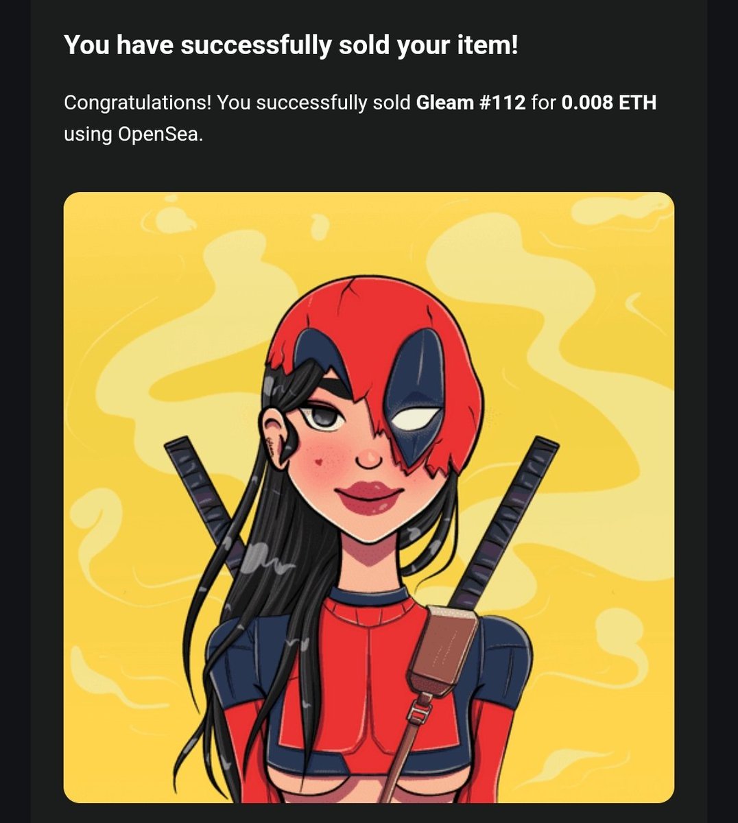 SOLD! 🥳
Shout out to @ScottSholder for grabbing the newest Deadpool Gleam. Thank you so much for the continued love &amp; support to the collection. That means so much💜💜💜

Be sure to follow &amp; check out his collection😉💜
#NFTCommunity #NFTartists #Polygon #PolygonNFTs