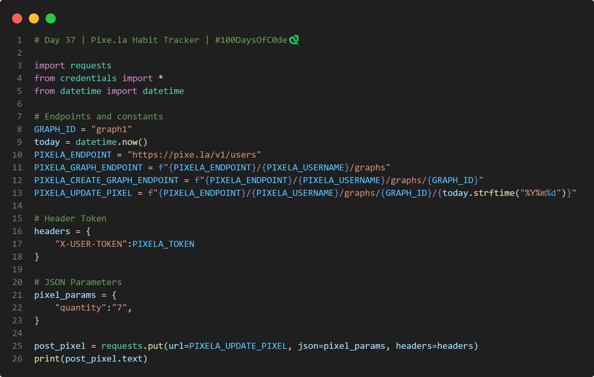 SKPython3's tweet photo. Day 37 out of #100DaysOfCode with #Python

Today I learned about the #Pixela API and made a Habit tracker!

It looks very aesthetic. Now I just have to log some data.

Here´s my code and how it looks (only two entries at the moment though)! https://t.co/hlDm97a03k