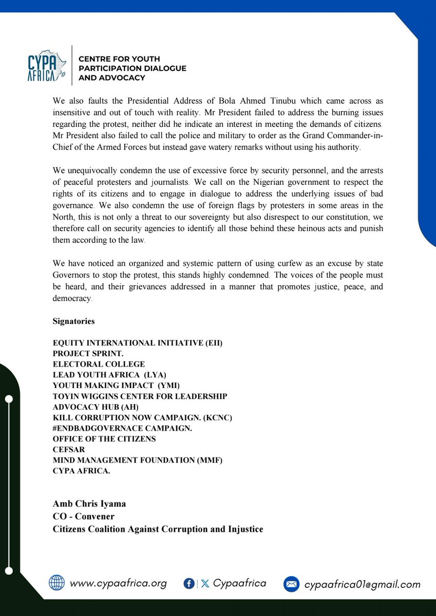 CypaAfrica's tweet photo. 🚨PRESS RELEASE🚨

Citizens Coalition Against Corruption And Injustice Condemns The Killings And Arrest Of Peaceful Protesters And Journalists

#EndBadGovernanceProtest
#EndBadGovernanceInNigeria https://t.co/7leGW5FDp6