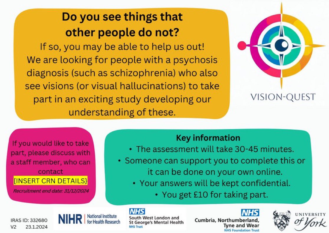 We are continuing to support VISION QUEST which is aiming to develop and validate a new questionnaire of appraisals of Visual Hallucinations (VH).