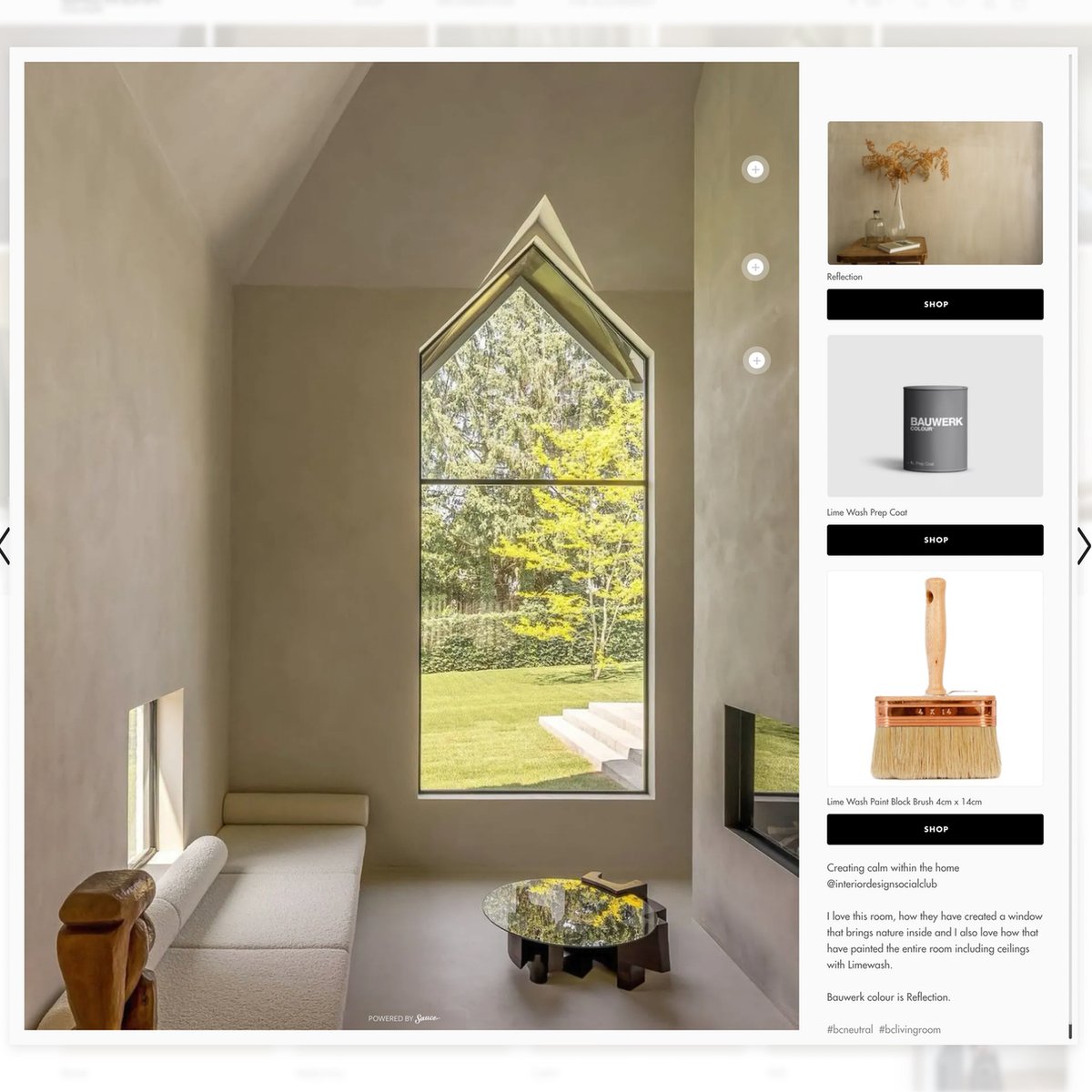 Beautiful example of Sauce Shoppable Gallery on one of our favourite brands: Bauwerk Colour This being the expanded view of one of their media, with Product Tags which are synced right back to Instagram. For Limewash Paint, look no further. For Social Commerce, grab Sauce 🔥