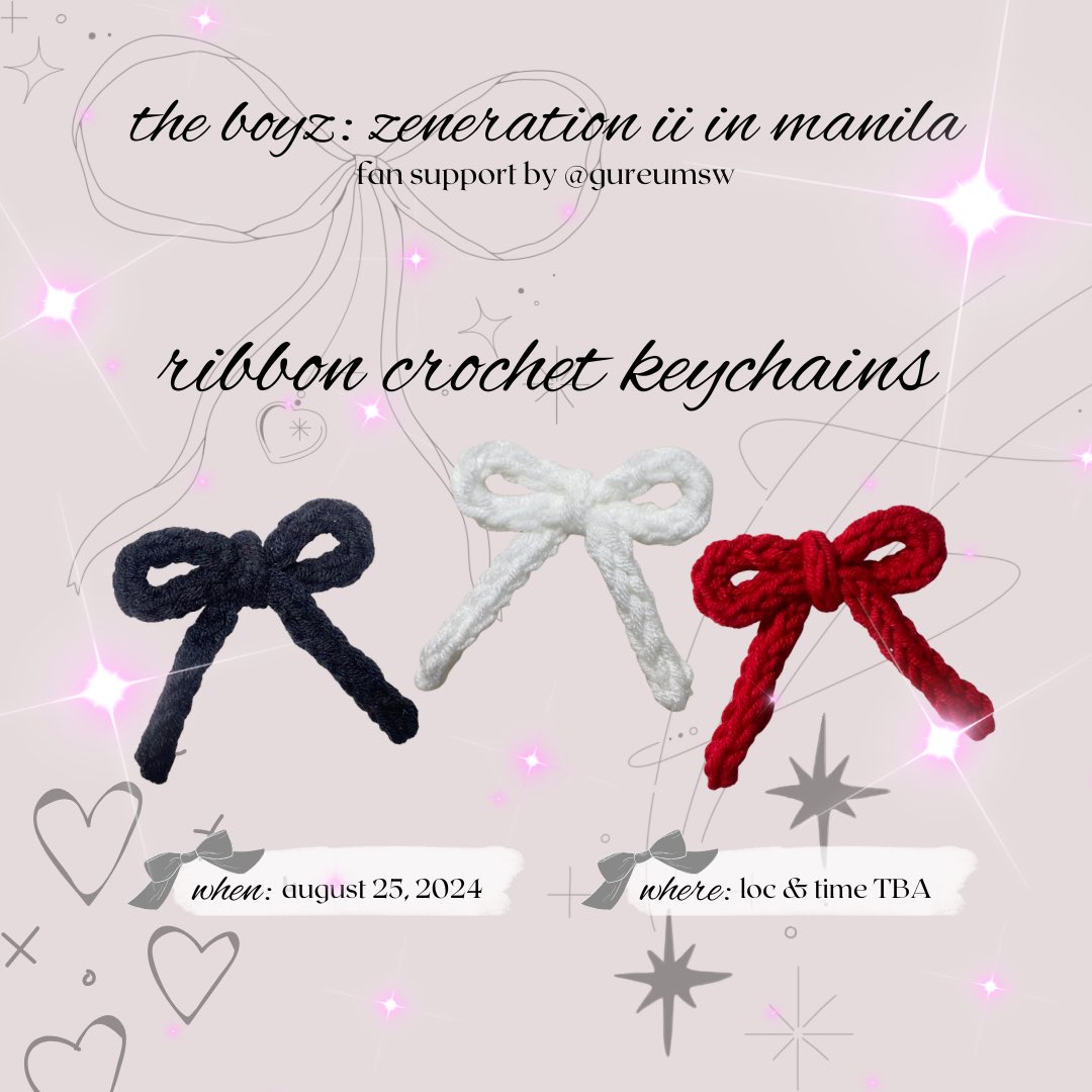 gureumsw's tweet image. the boyz: zeneration ii in manila
fan support by @gureumsw

ribbon crochet keychains ୨ৎ

• like, rt, mbf (show proof on d-day)
• random 1:1, limited qty
• open for trades

#THEBOYZ #더보이즈 #ZENERATION2 #제너레이션2 #ZENERATION2_MNL