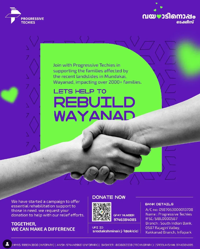 sai_whispers's tweet photo. Lets Help to Rebuild Wayanad ❤️🤝🫶

Join #ProgressiveTechies in supporting the families affected by the recent landslides  in Mundakai, Wayanad, impacting over 2000+ families.

Together, we can make a difference.

#Wayanad #WayanadDisaster #WayanadTragedy  
@progressive_tec