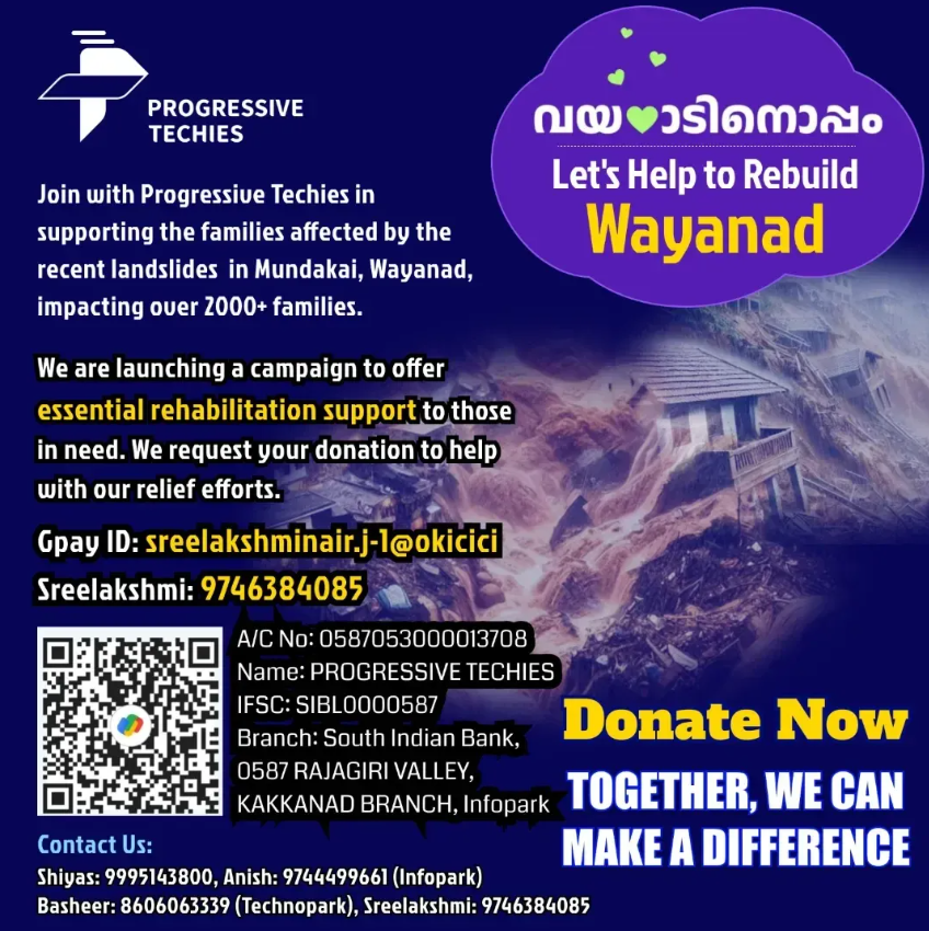 sai_whispers's tweet photo. Lets Help to Rebuild Wayanad ❤️🤝🫶

Join #ProgressiveTechies in supporting the families affected by the recent landslides  in Mundakai, Wayanad, impacting over 2000+ families.

Together, we can make a difference.

#Wayanad #WayanadDisaster #WayanadTragedy  
@progressive_tec