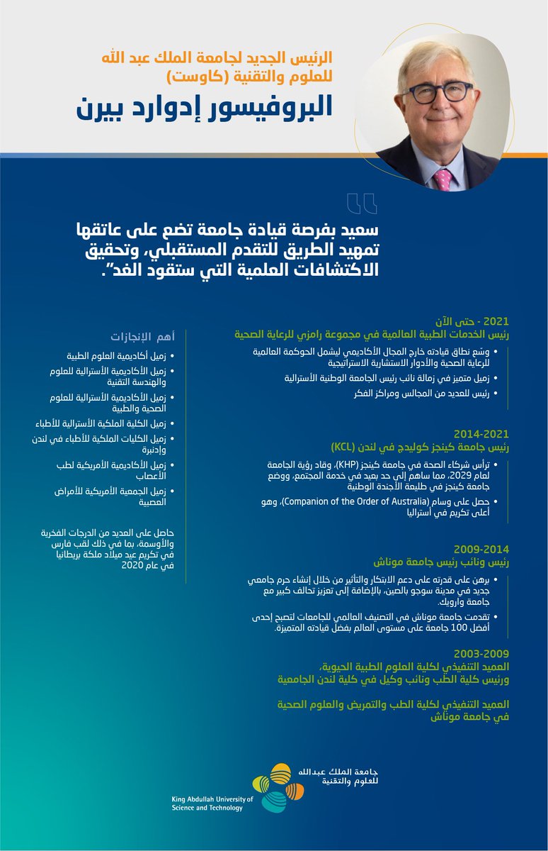 تعرفوا على رئيس كاوست الجديد، البروفيسور إدوارد بيرن.

ar.kaust.news/President

#أثر_متسارع #رؤية_السعودية_2030