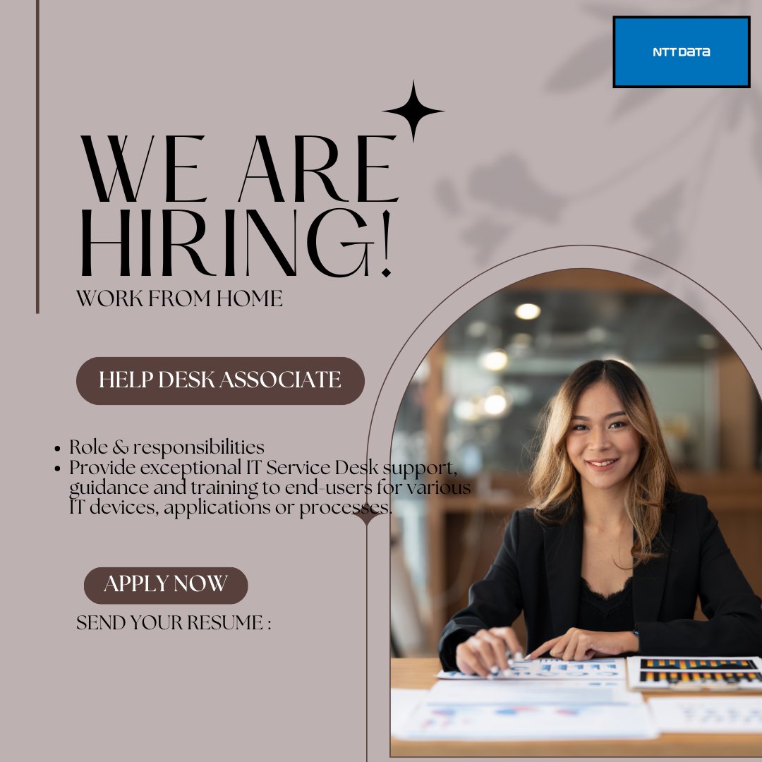 Urgent Hiring Work from home NTT Data Information Processing Services Pvt. Ltd.  

We are hiring for our Senior Help Desk Associate- (Representative) WFH

Salary-  25000+ Variables

Responsibilities :

Role &amp; responsibilities