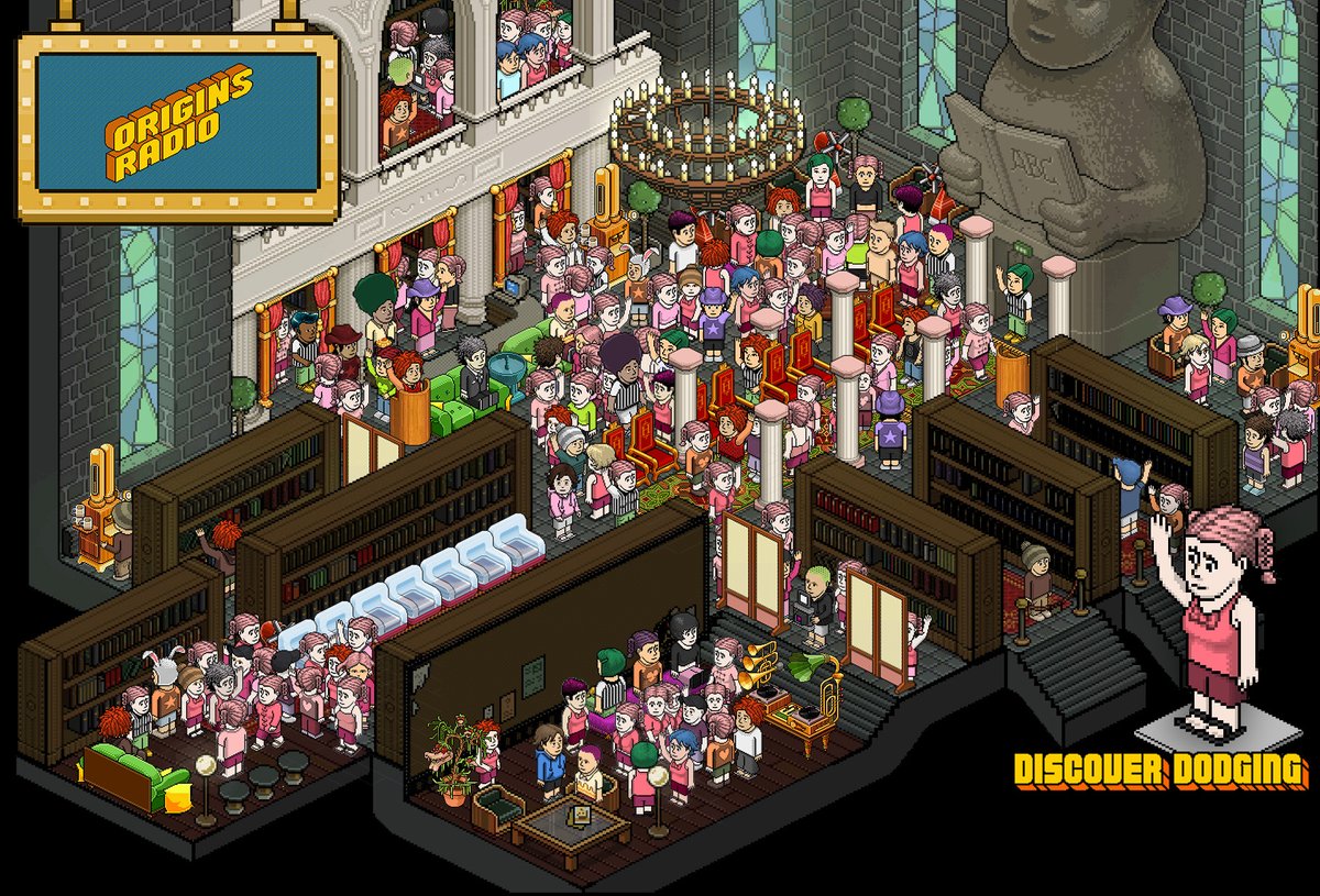 Spend your hump day discovering dodging in the library! 

- She is wearing her pretty pink bow top, purple shorts &amp; black sandals
- Her hair, always pink ponytails...
- She will be waving at you if you find her.

Who will be next from the <a href="/HabboOriginsFM/">Origins Radio</a> staff? #HabboOrigins