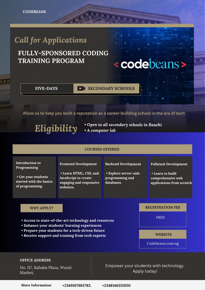 _codebeans's tweet image. The offer is still open. Secondary schools in Bauchi. DM now!!!
#coders #codenewbie #bauchi