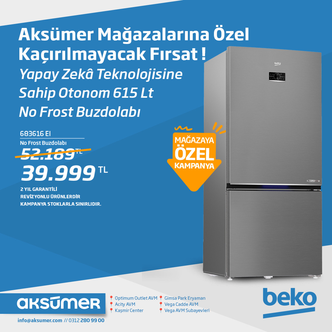 aksumerbeko's tweet photo. Yapay zeka teknolojisine sahip Buzdolabı  52.189 TL yerine 39.999 TL.

Mağazalarımız 👇
📍 Optimum Outlet AVM
📍 Acity AVM
📍 Kaşmir Center
📍 Gimsa Park Eryaman
📍 Vega Cadde AVM
📍 Vega AVM Subayevleri

İletişim 👇
📞 0 312 280 99 00

#beko #aksümerbeko #nofrost #buzdolabı https://t.co/35ZlAQ6AN4