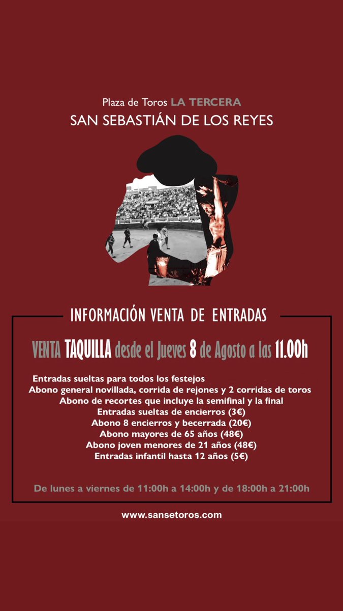 📢 ¡Os esperamos en las taquillas de La Tercera a partir de mañana a las 11:00!

#SanSebastiánDeLosReyes #LaTercera #Toros #Cultura
