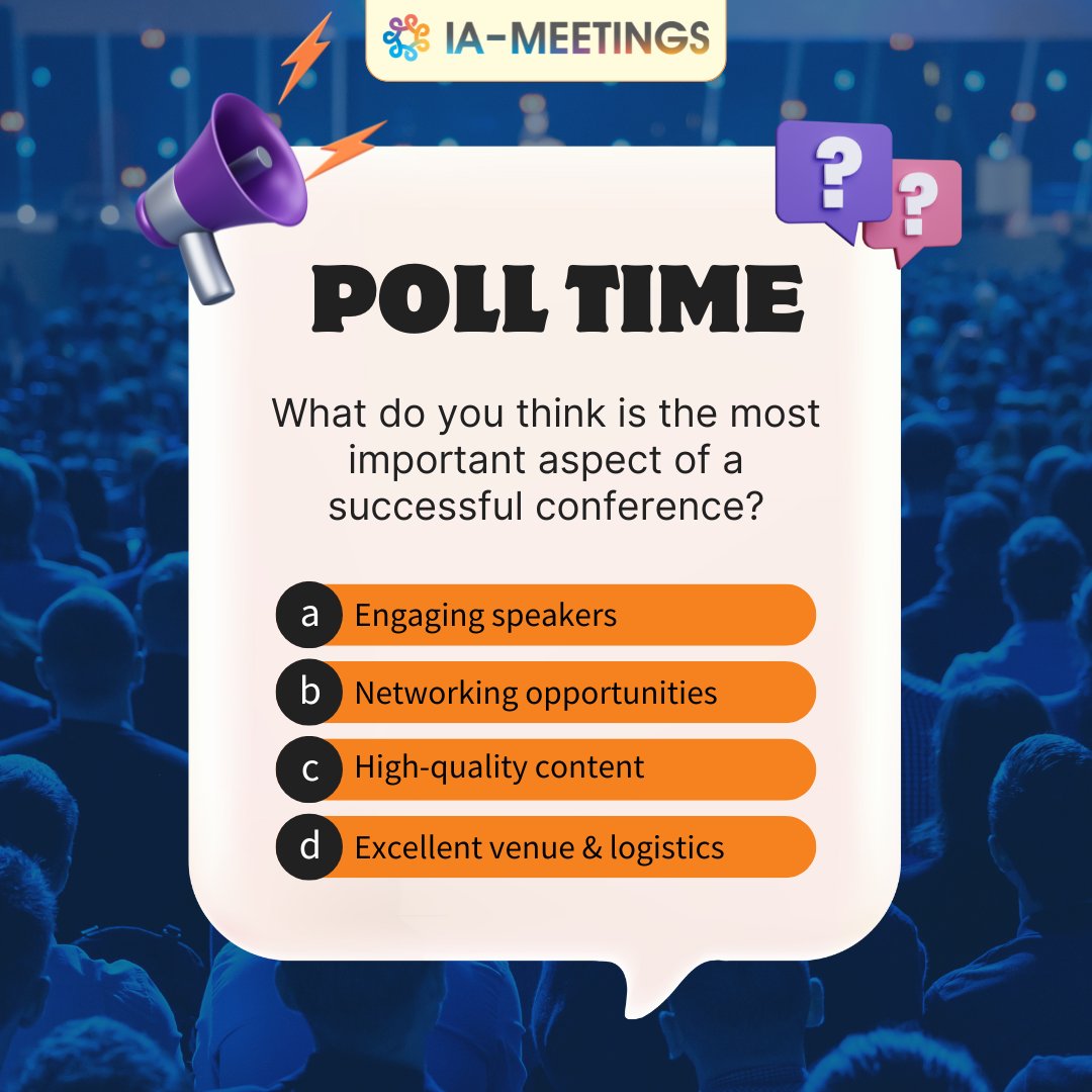 iameetings's tweet photo. What makes a conference unforgettable for you? 🤔 Let us know your thoughts!
Share your views in the comment.
#conferenceplanning #eventpoll #eventindustry https://t.co/LZYFLQMHoh