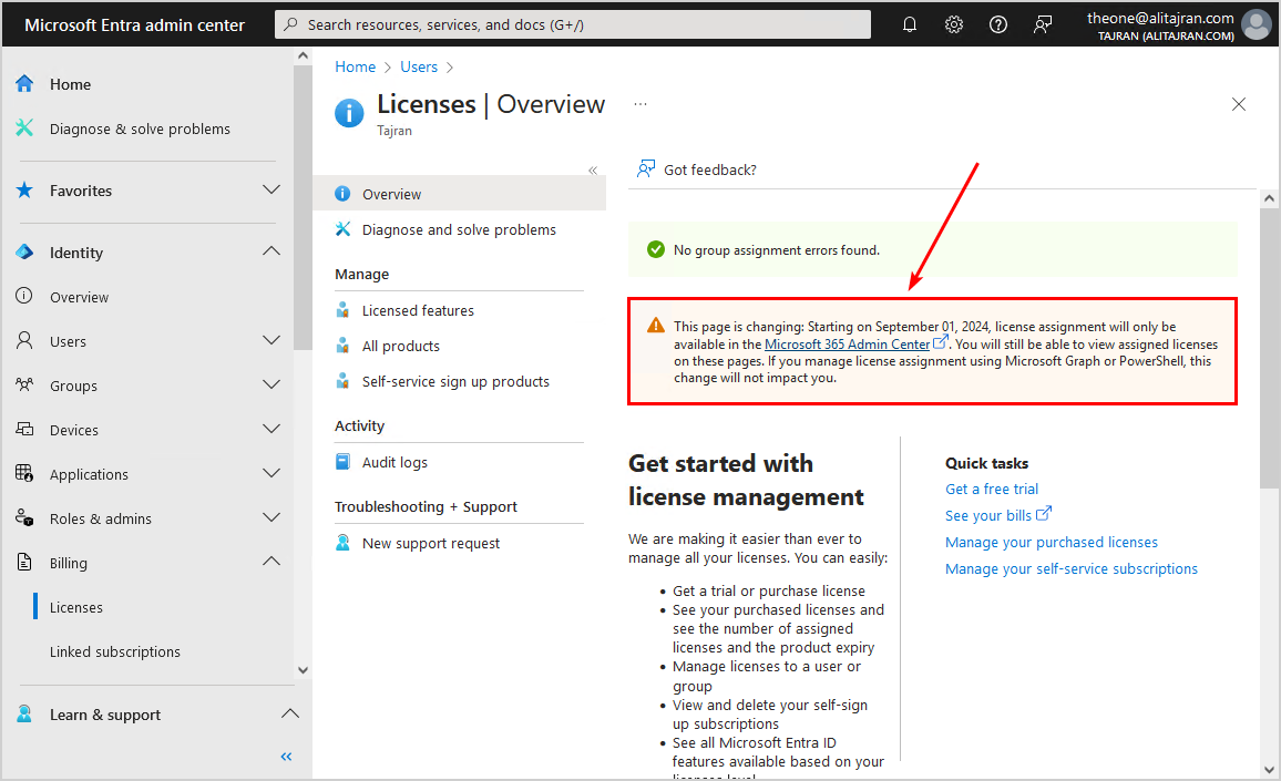 IMPORTANT: Starting September 1st, the Microsoft Entra ID Admin Center and the Microsoft Azure portal will no longer support the assignment of licenses through their user interfaces.

To manage license assignments for users and groups, administrators are required to use the