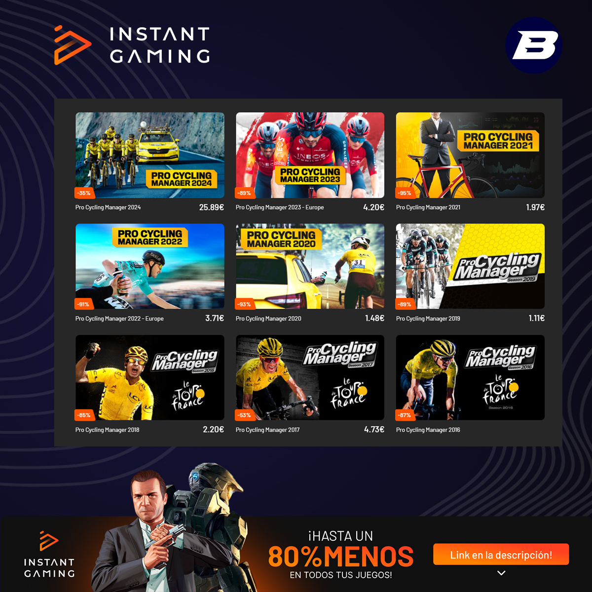 bemancio's tweet photo. He reunido las mejores ofertas de Instant Gaming que tienen en los últimos Pro Cycling Manager.
A todos se les puede meter base de datos de la temporada 2024. 
Si haces alguna compra con los enlaces que dejo abajo, estarás apoyándome.

-PCM 2024 25.89€: https://t.co/SYjYYfap0k https://t.co/fl6PjD9ddf