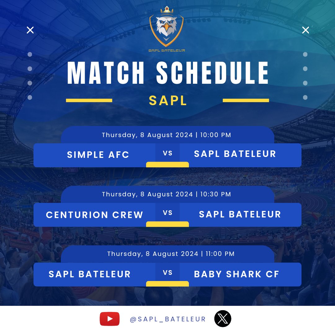 Autobotz_1's tweet photo. Plans for Thursday evening?

We plan to keep it simple by taking on Simple AFC. Centurion crew is next on our list as we activate gladiator mode 💪🏽 _ to keep you captivated we will either sink or swim as we take on Baby Shark CF

Jam packed evening ⚽️ 
#beastmode
#sapl_bateleur https://t.co/f0gUefTrpV