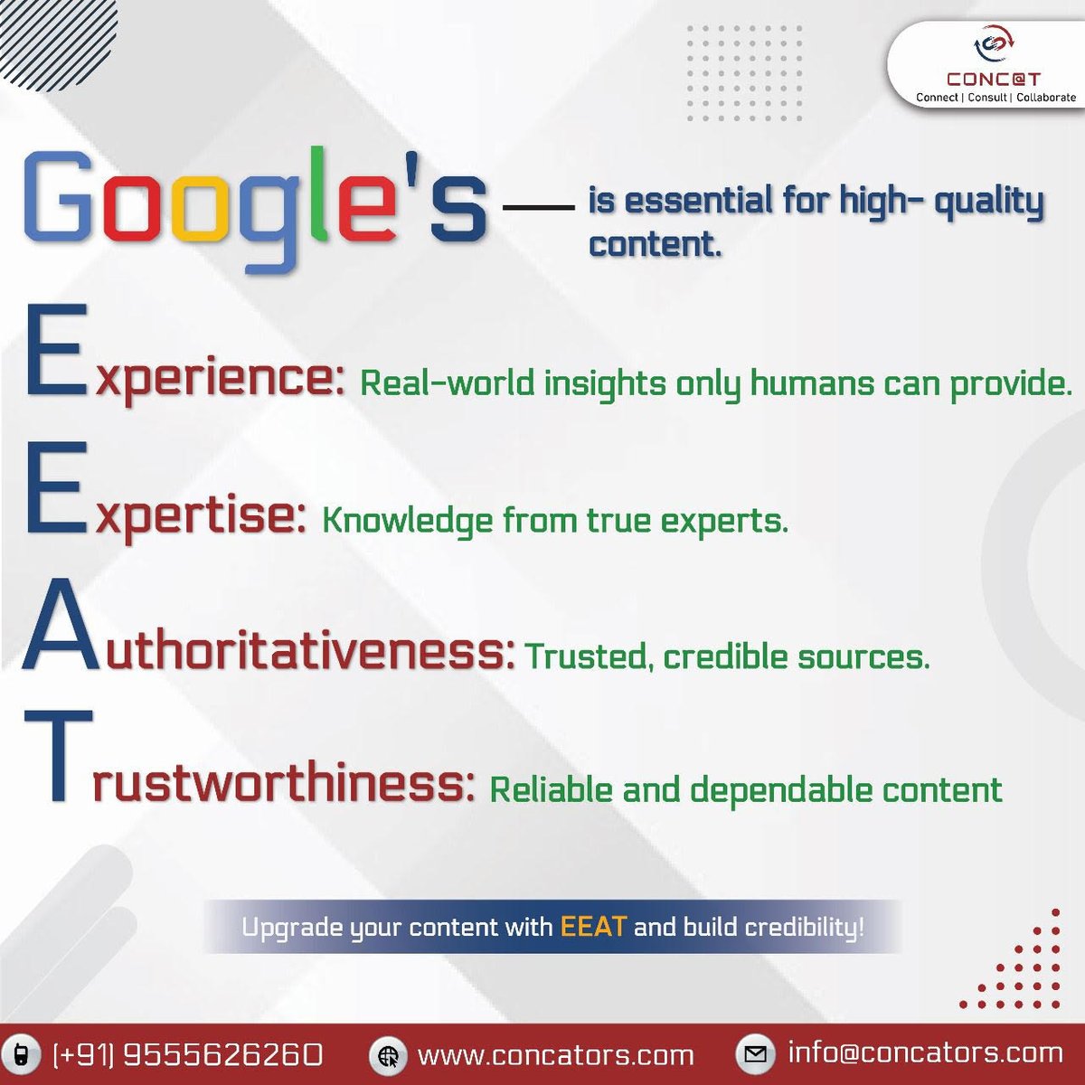 Concators's tweet photo. Maximize your content's impact with Google's EEAT! 📚🏆 Focus on Expertise, Authority, and Trust for unbeatable quality. 🌟💼

Visit link- https://t.co/NlXBKaPyit
Call us at: 9555626260

#SEO #ContentMarketing #EEAT #GoogleEEAT #Success #Growth #Concat #DigitalMarketing https://t.co/HJQEOgGSRl