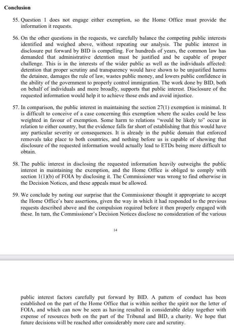 FtT allows BID’s appeal re FOI requests to Home Office for details of ETD requests for Eritrea and Somalia.

assets.caselaw.nationalarchives.gov.uk/ukftt/grc/2024… 

“The public interest in disclosure put forward by BID is compelling. For hundreds of years, the common law has demanded that…